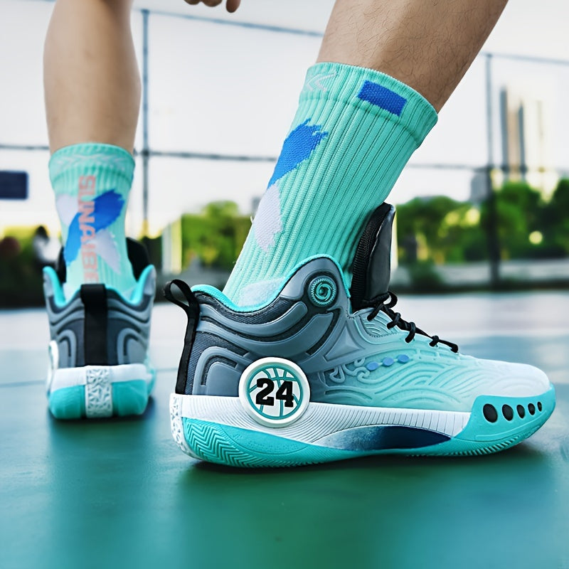 TurboGrid 24 court shoe in turquoise, black and white, worn by a player.