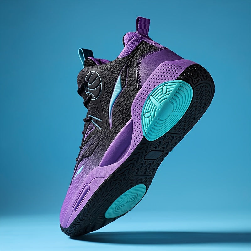 VortexPulse Pro court shoe in purple, black and turquoise, outsole view.