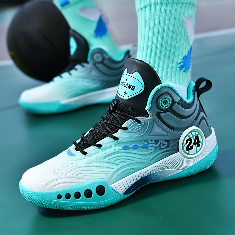 TurboGrid 24 court shoe in turquoise, black and white, worn by a player.