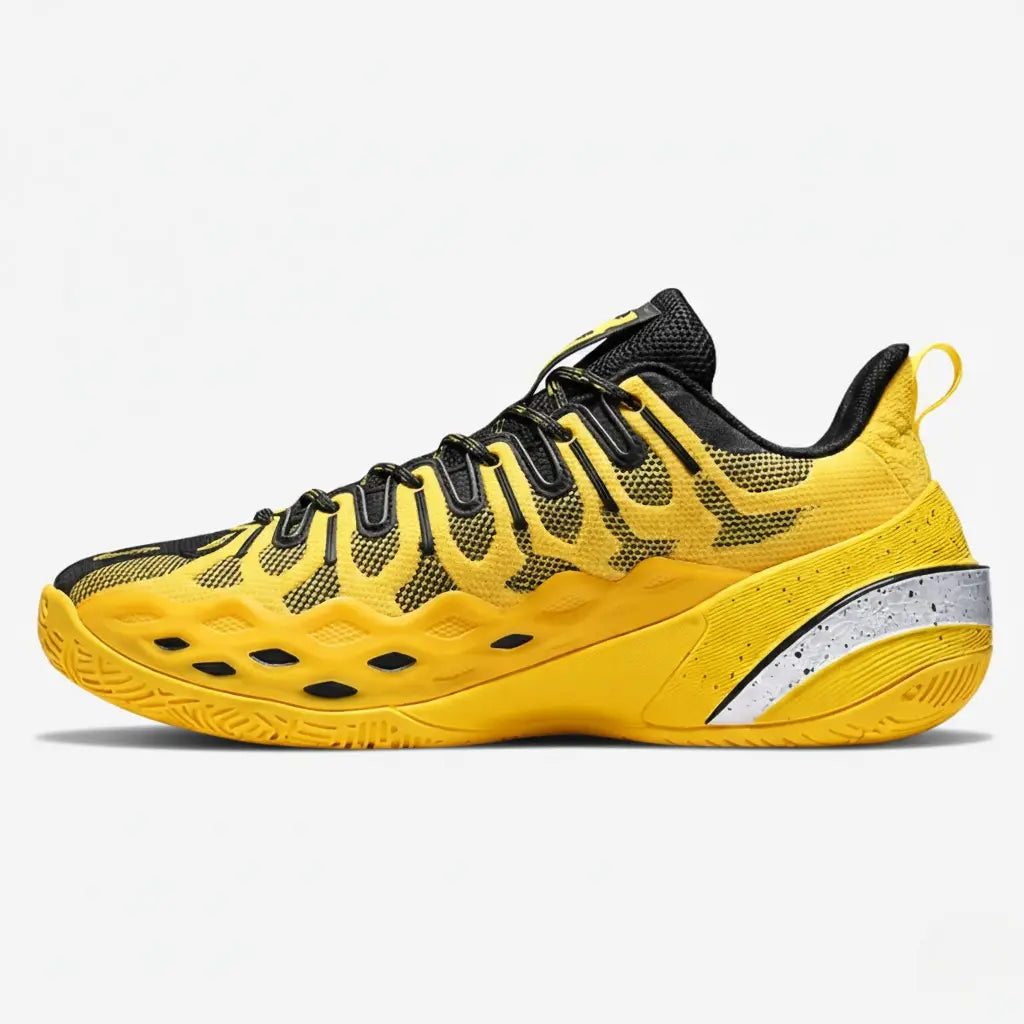 Flash Court court shoe in yellow and black, side view.