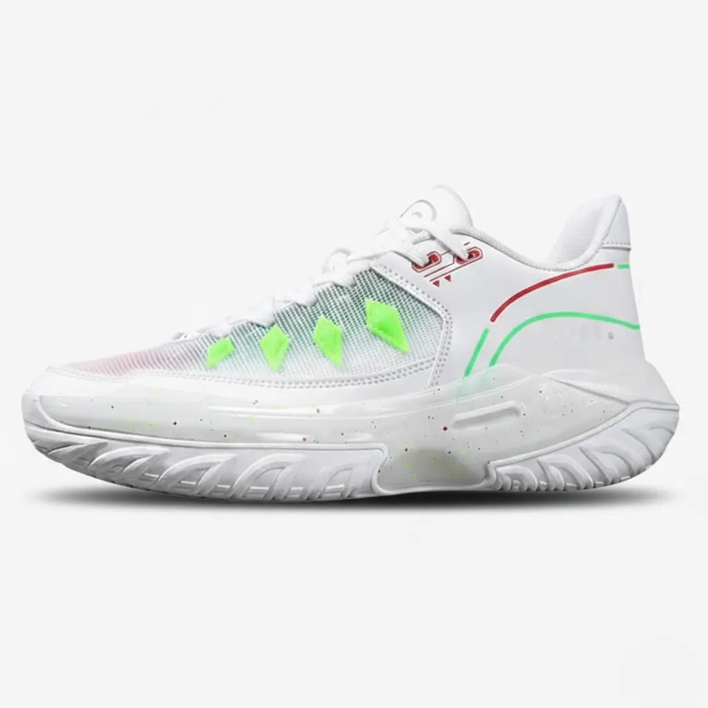 Impact Zone court shoe in white and lime green, side view.