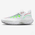 Impact Zone court shoe in white and lime green, side view.