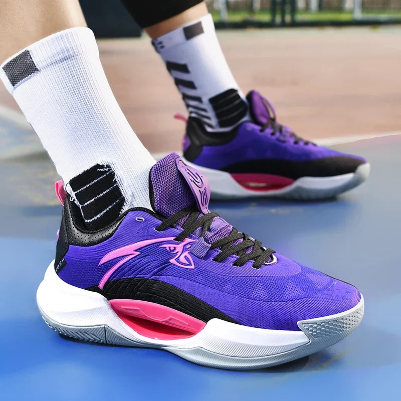 Reflex Pro court shoe in purple and pink, worn by a player.