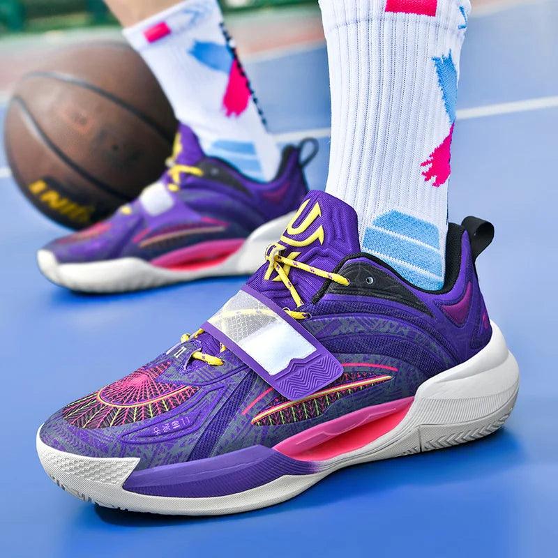 Vortex court shoe in purple, yellow and black, worn by a player.