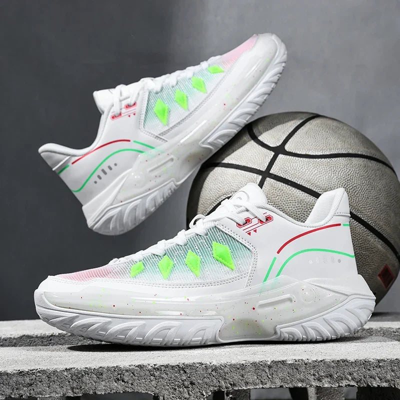 Impact Zone court shoe in white and lime green, pair of shoes.