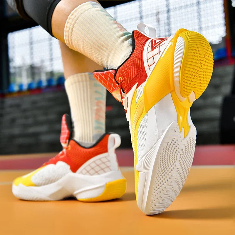 Bounce Pro court shoe in white, yellow and red, outsole view.