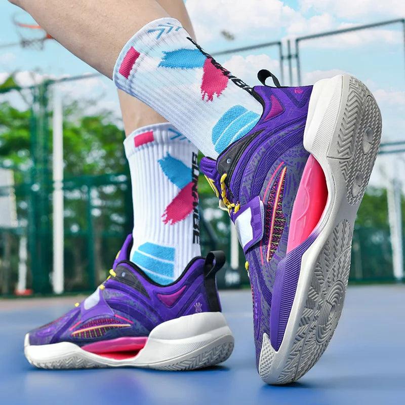 Vortex court shoe in purple, yellow and black, worn by a player.