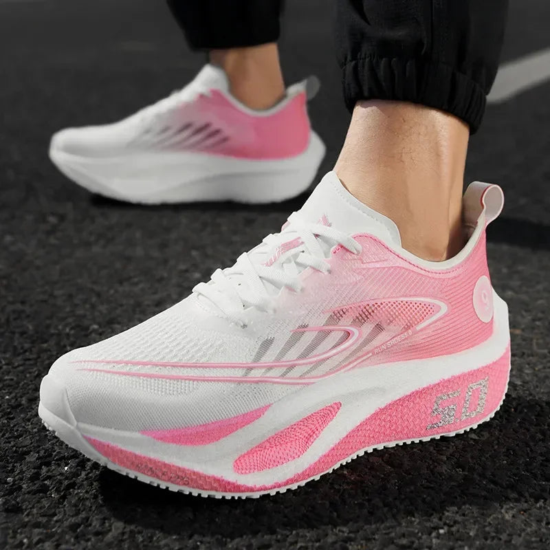 PowerStep court shoe in white and pink, worn by a player.