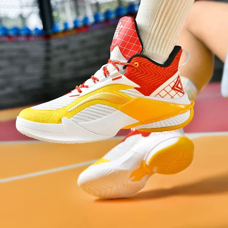 Bounce Pro court shoe in white, yellow and red, worn by a player.