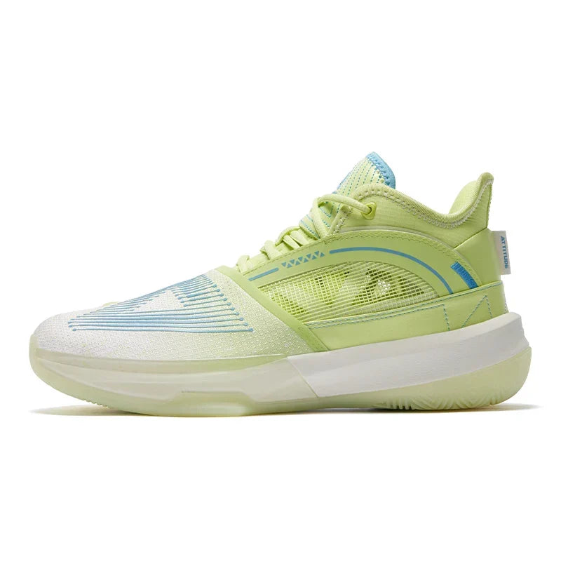 Peak Triangle court shoe in pale green, side view.