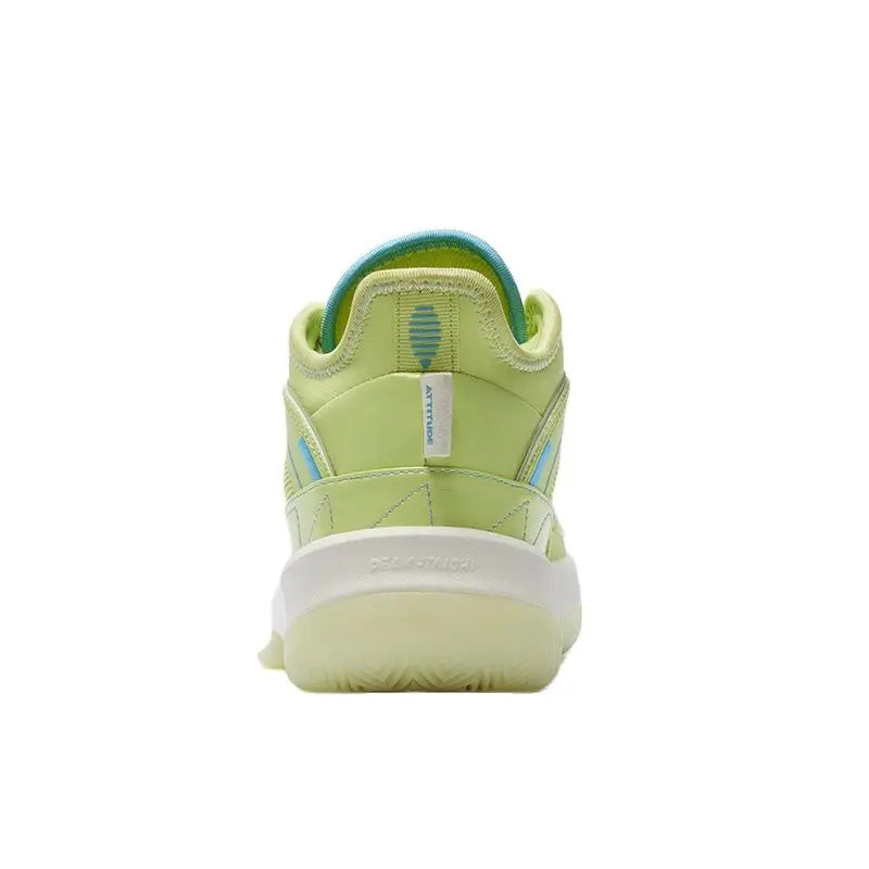 Peak Triangle court shoe in pale green, rear view.