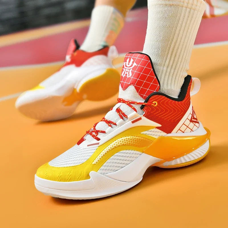 Bounce Pro court shoe in white, yellow and red, worn by a player.