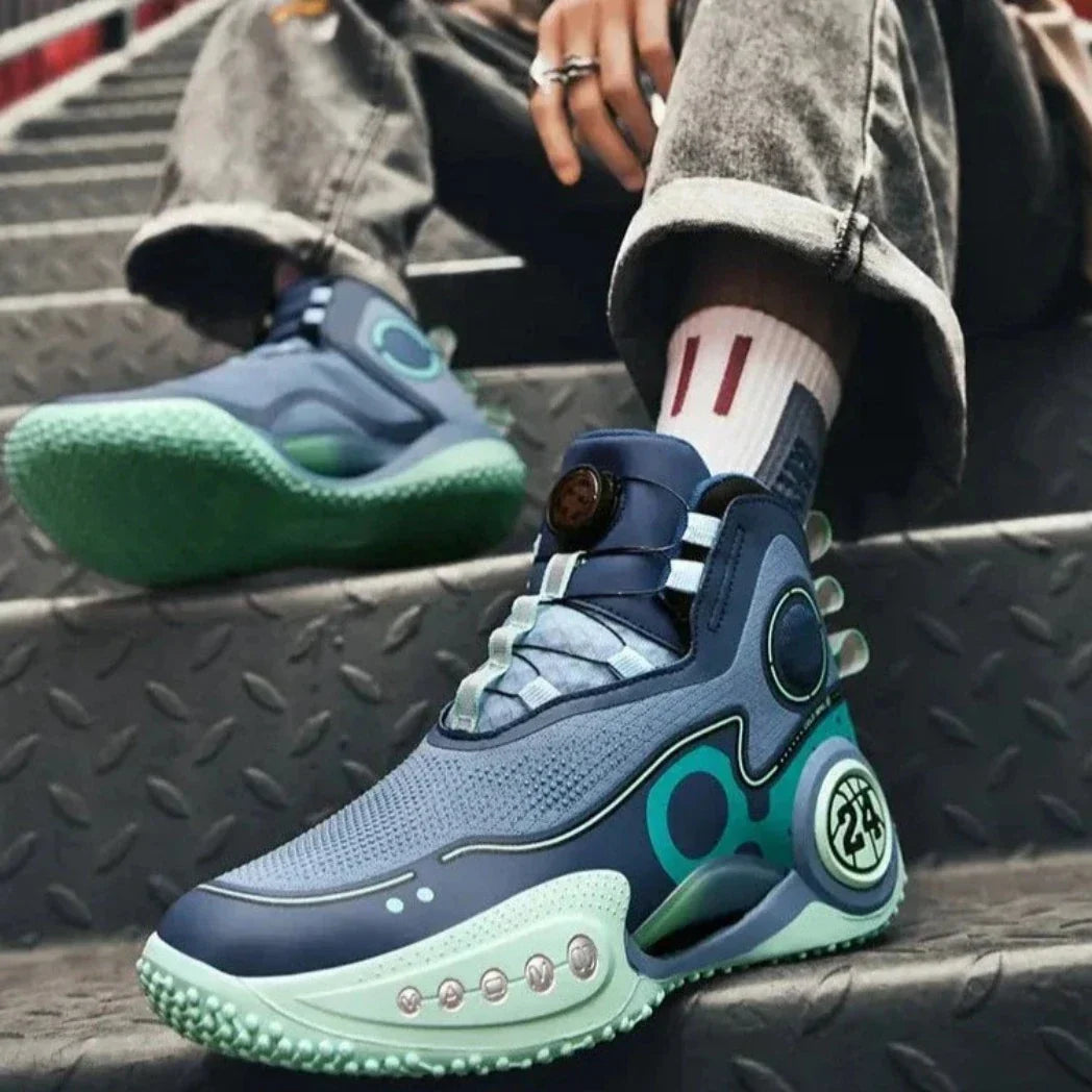 UrbanPulse court shoe in gray and teal, worn by a player.
