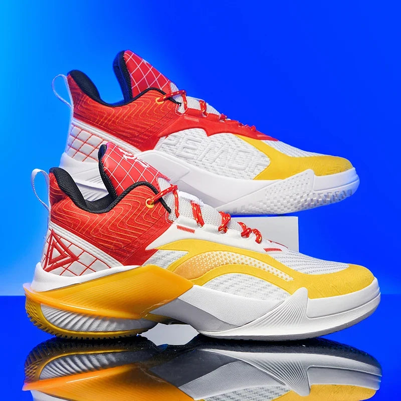 Bounce Pro court shoe in white, yellow and red, pair of shoes.