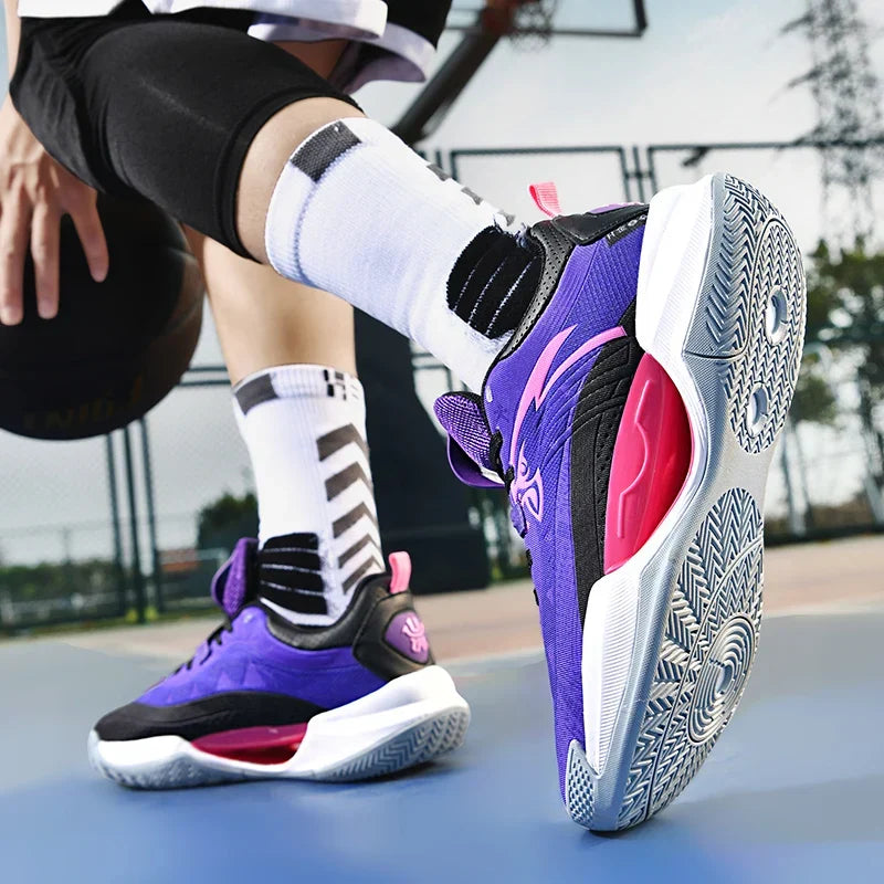 Reflex Pro court shoe in purple and pink, worn by a player.