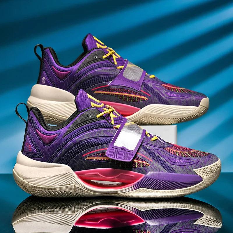 Vortex court shoe in purple, yellow and black, pair of shoes.
