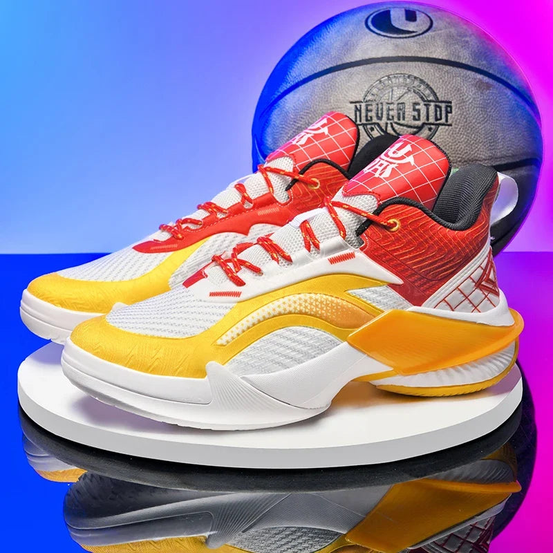 Bounce Pro court shoe in white, yellow and red, pair of shoes.