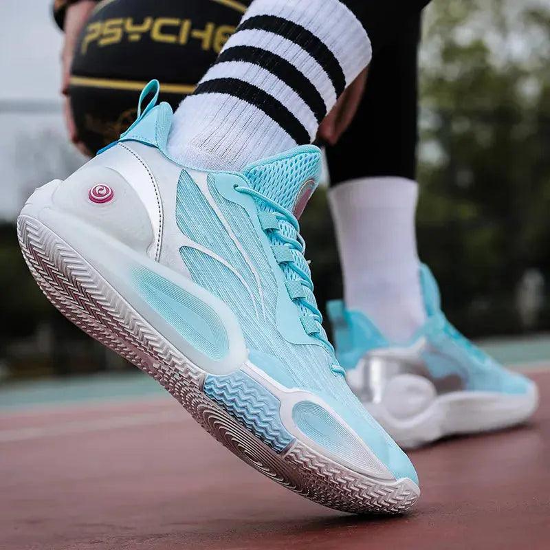 Gladiator court shoe in blue and turquoise, worn by a player.
