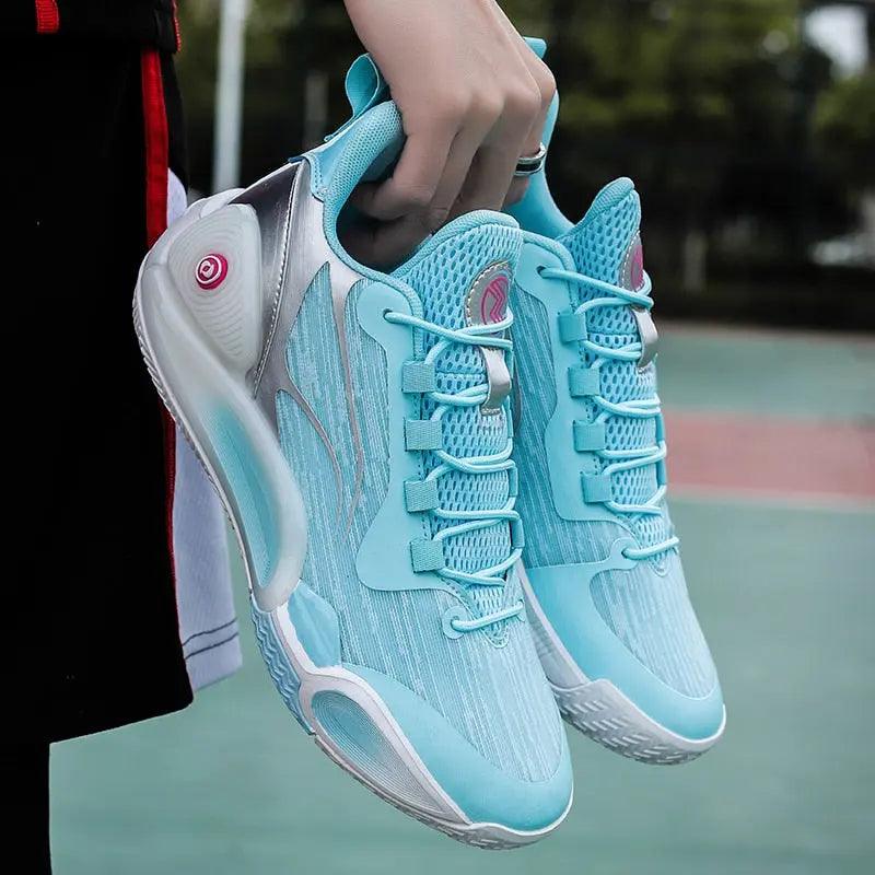 Gladiator court shoe in blue and turquoise, pair of shoes.