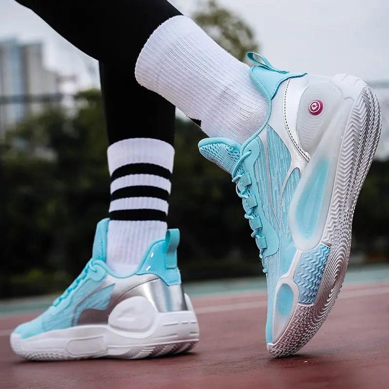 Gladiator court shoe in blue and turquoise, worn by a player.