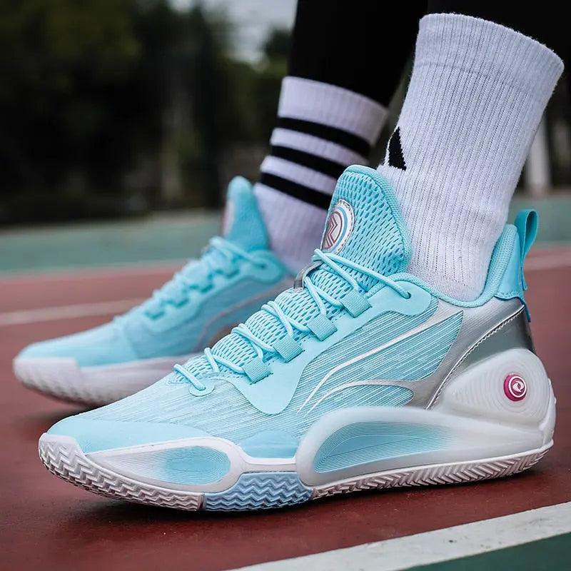 Gladiator court shoe in blue and turquoise, worn by a player.