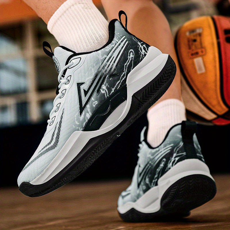 PinkWave court shoe in gray, white and black, worn by a player.