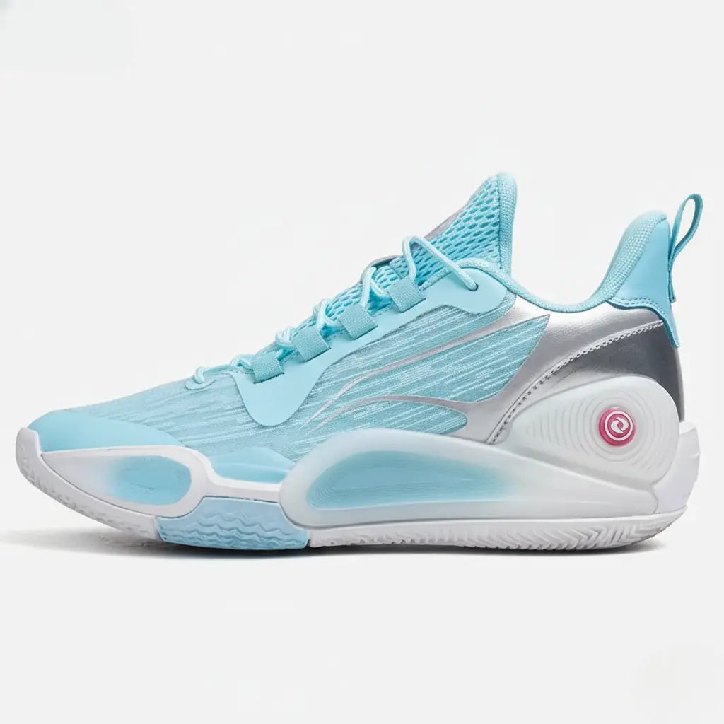 Gladiator court shoe in blue and turquoise, side view.