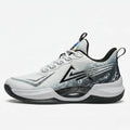 PinkWave court shoe in gray, white and black, side view.