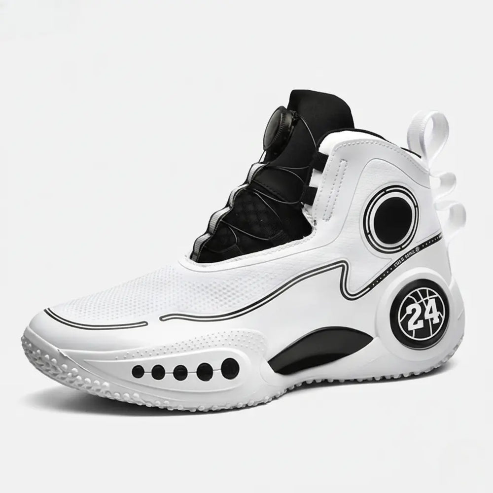 UrbanPulse court shoe in white and black, side view. [color=White]