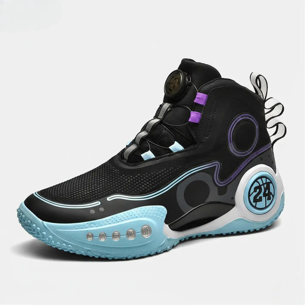 UrbanPulse court shoe in black and teal, worn by a player.
