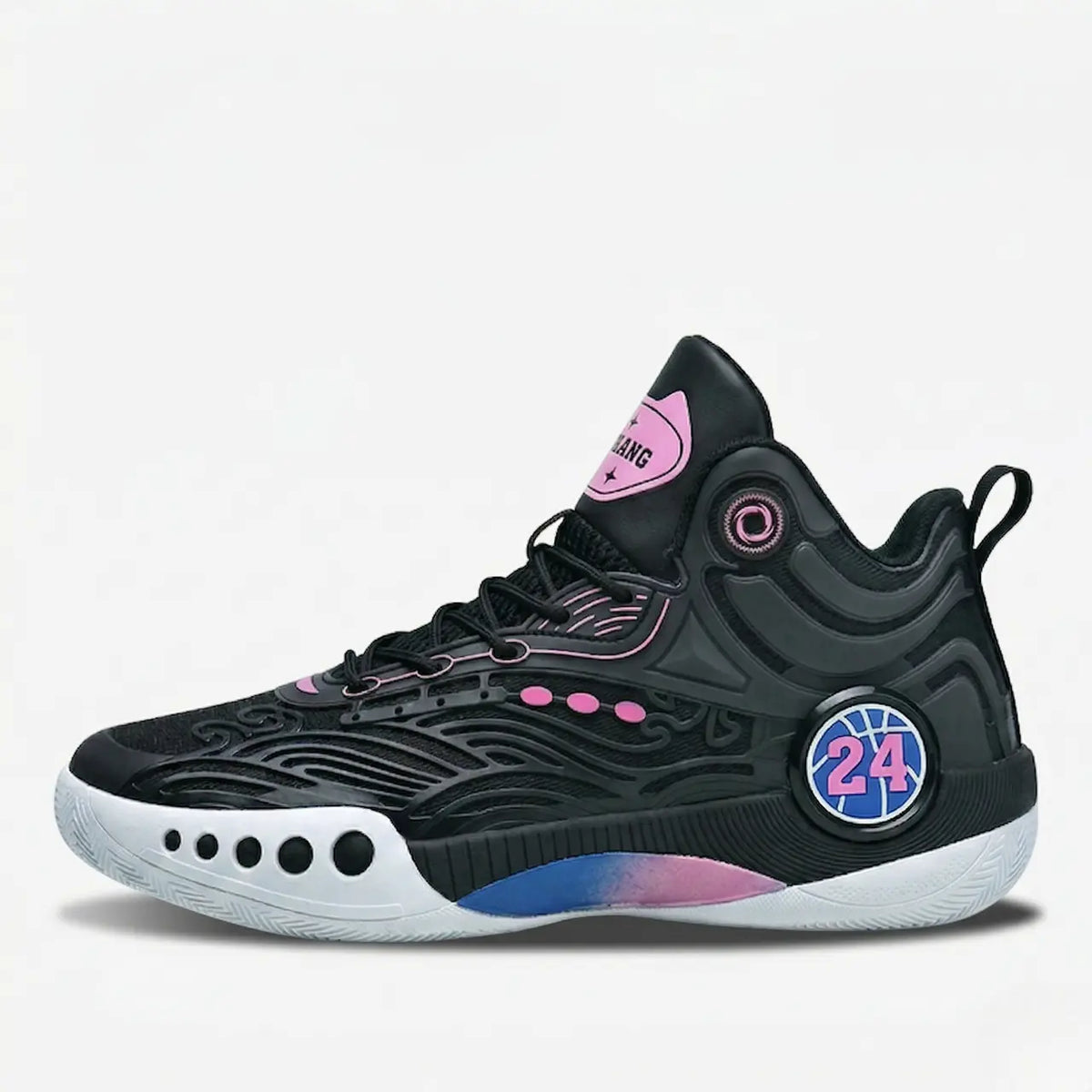 TurboGrid 24 court shoe in black with pink accents, side view.