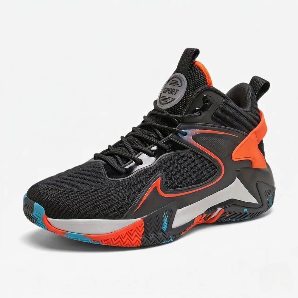 FlameStep Pro court shoe in black with red and orange accents, side view. [color=Black]