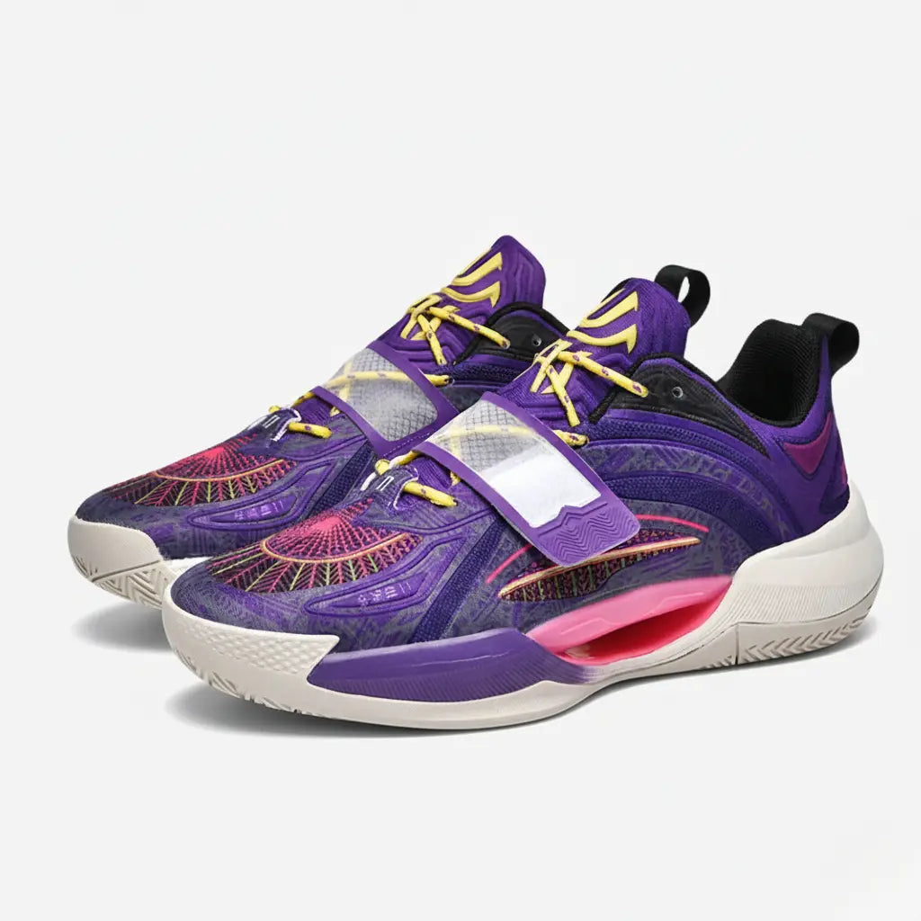 Vortex court shoe in purple, yellow and black, pair of shoes.