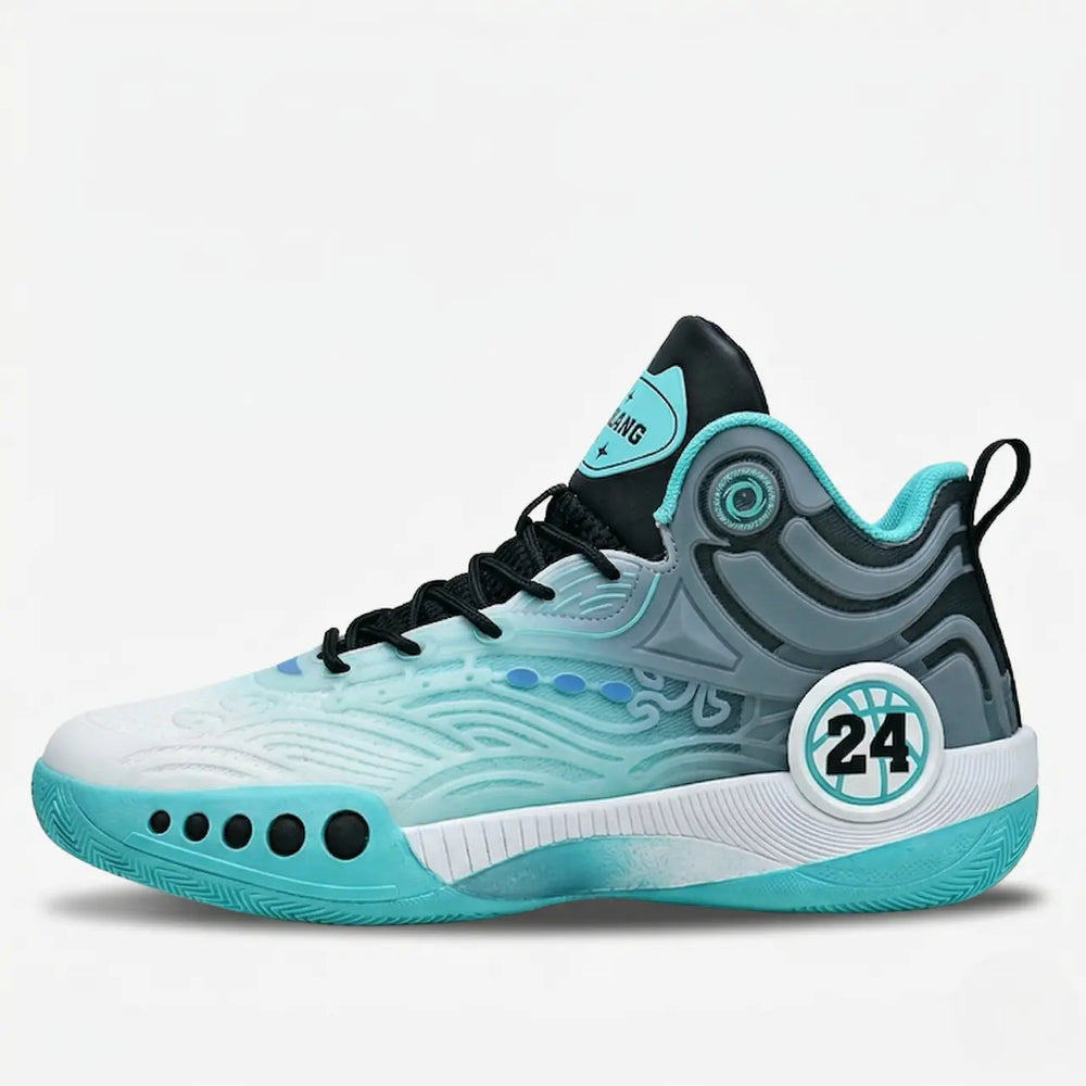 TurboGrid 24 court shoe in turquoise, black and white, side view. [color=Black/Green]