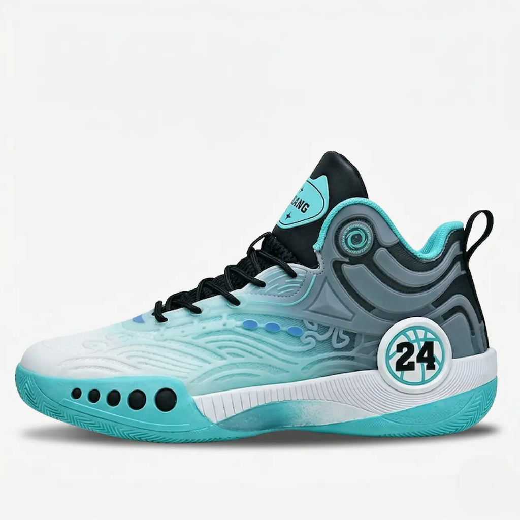TurboGrid 24 court shoe in turquoise, black and white, side view.