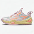 PastDunk court shoe in pastel orange, mint and yellow, side view.