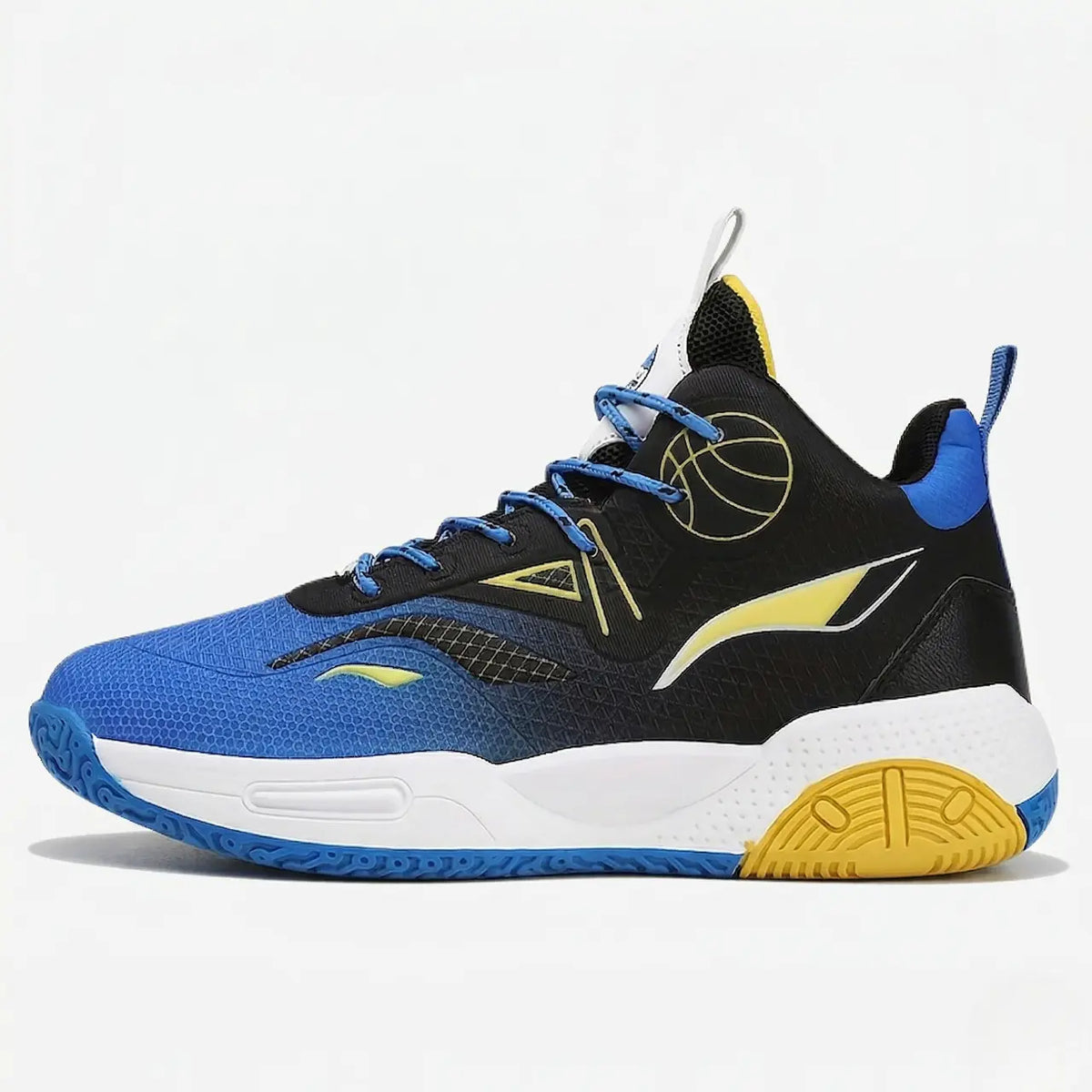 VortexPulse Pro court shoe in blue, black and yellow, side view.
