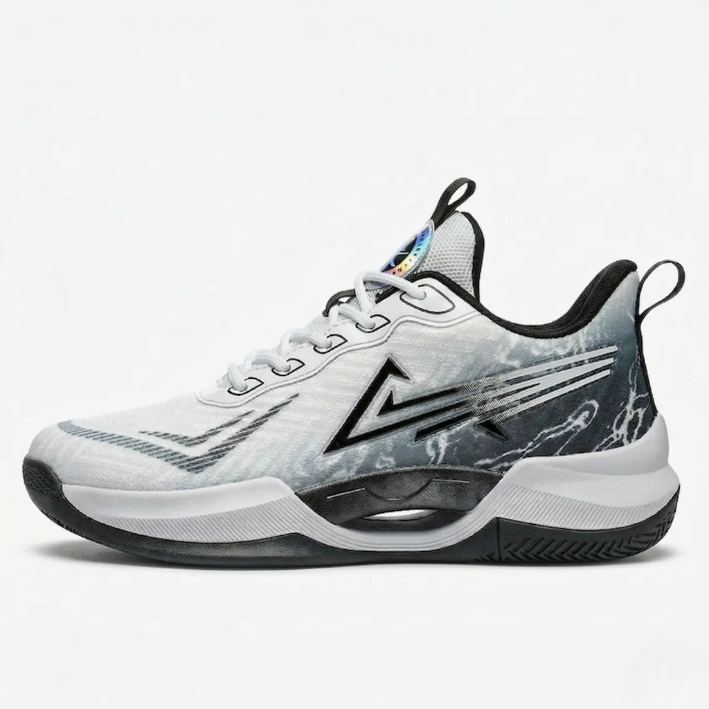 PinkWave Runner court shoe in white and black, side view.