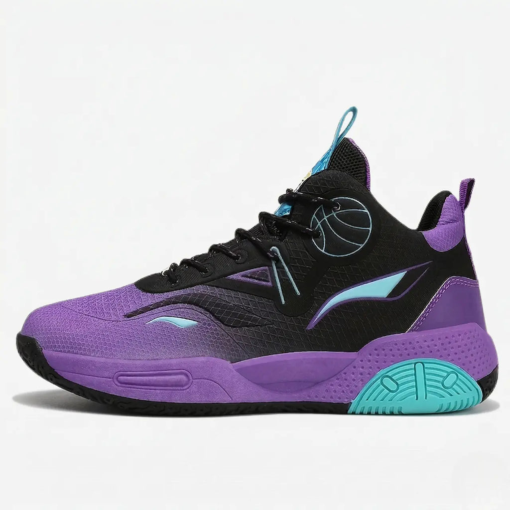 VortexPulse Pro court shoe in purple, black and turquoise, side view.