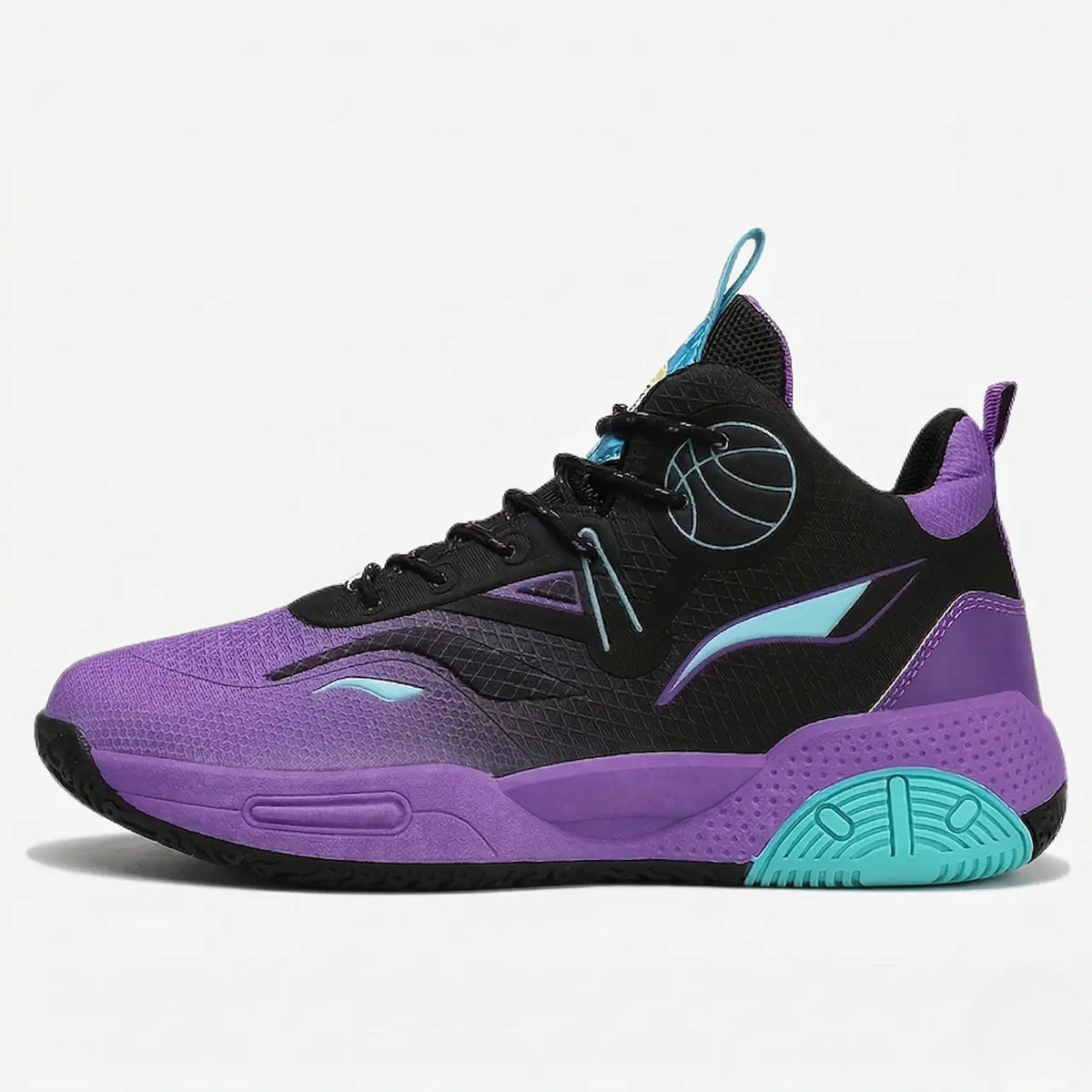 VortexPulse Pro court shoe in purple, black and turquoise, side view.