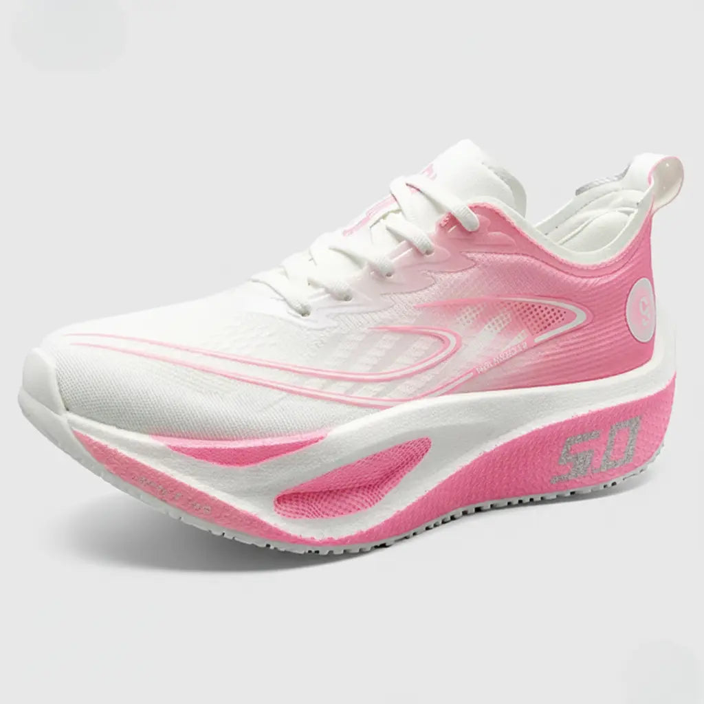 PowerStep court shoe in white and pink, side view.